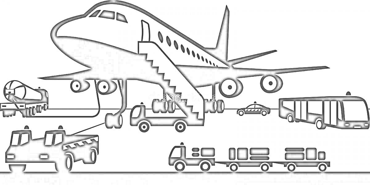 На раскраске изображено: Аэропорт, Топливозаправщик, Полицейский автомобиль, Автобус, Тягач, Воздушное судно, Транспорт