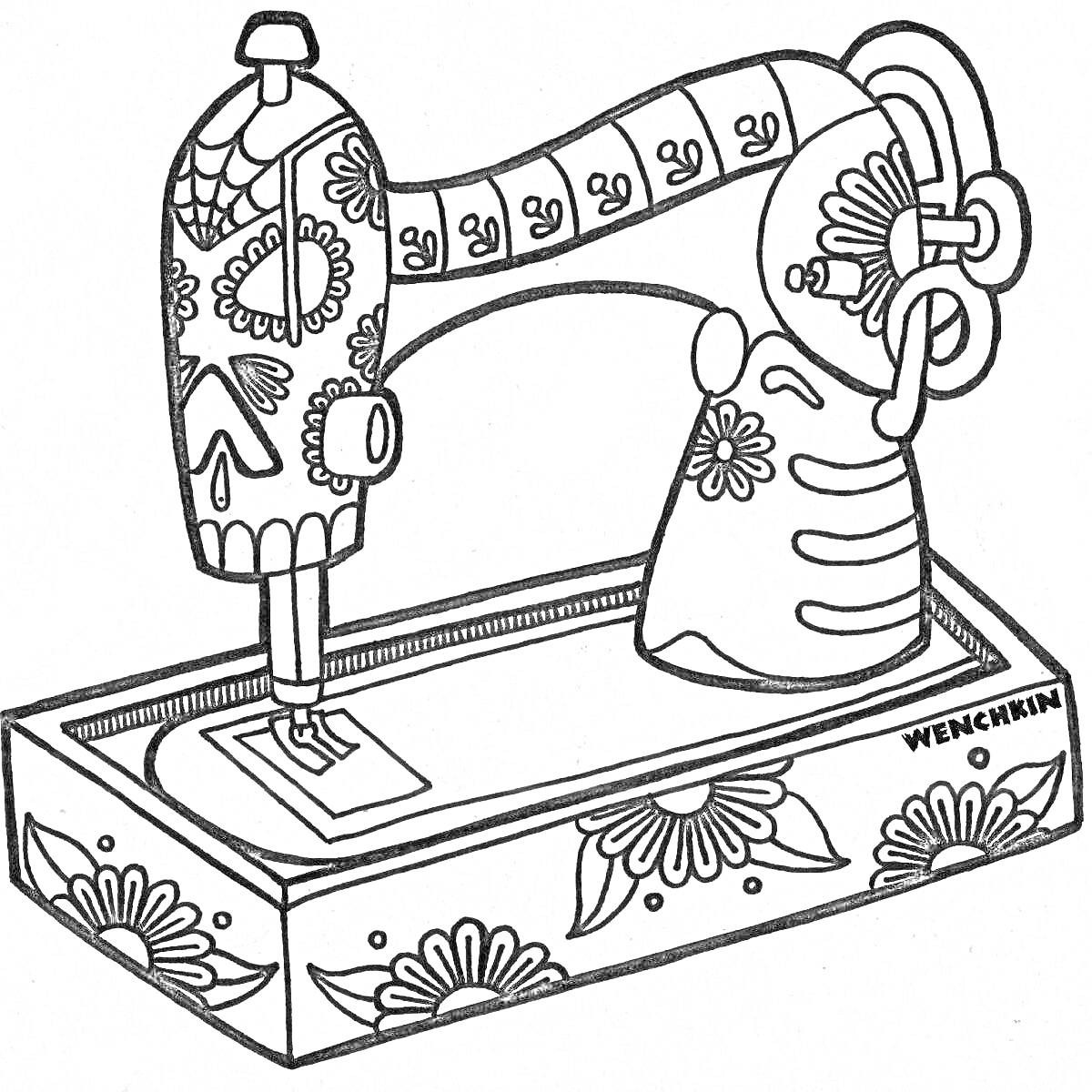 Раскраска Швейная машинка с цветочными узорами