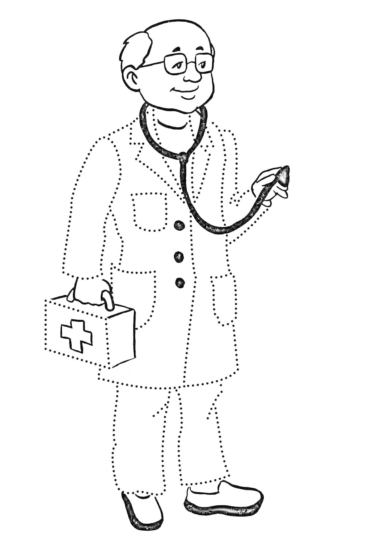 Раскраска Врач с фонендоскопом и медицинским чемоданчиком