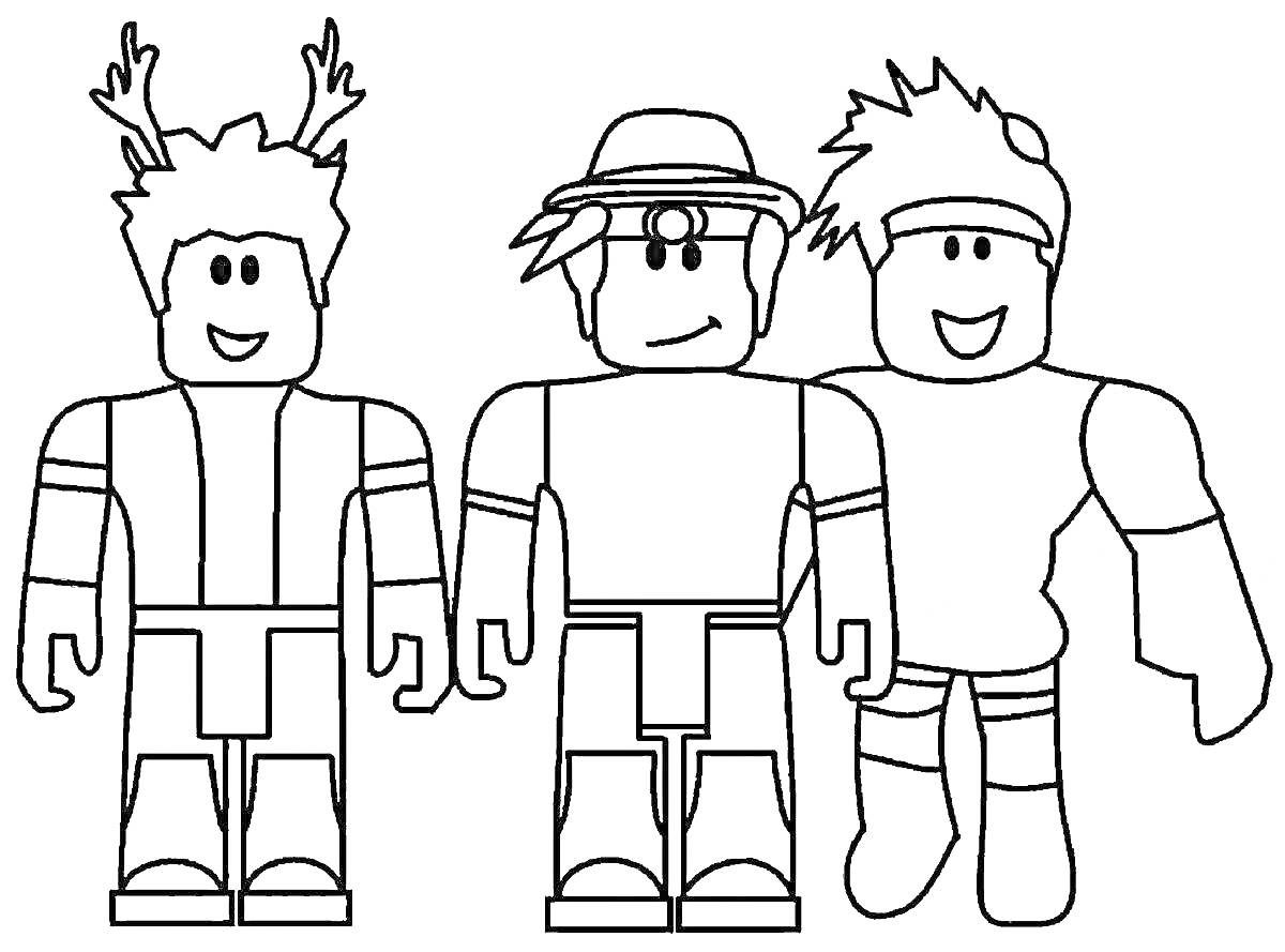 Раскраска Три персонажа в стиле Roblox с челками и аксессуарами (рожки, шляпа и повязка)