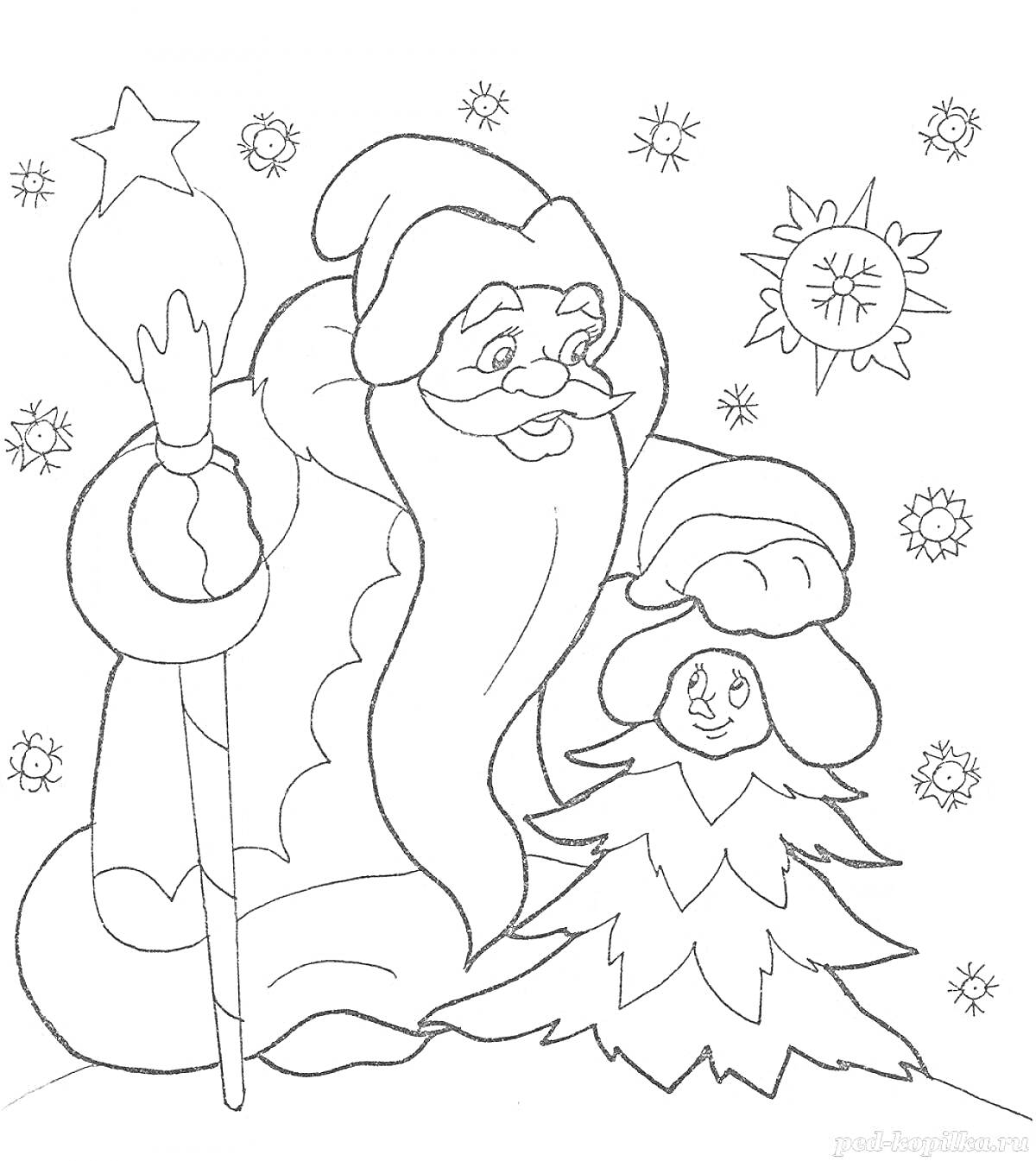 На раскраске изображено: Дед Мороз, Снегурочка, Снежинки, Солнце, Новый год