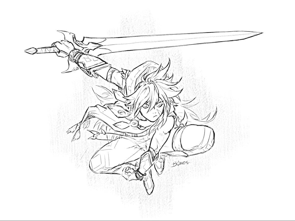 Раскраска Воин с мечом в прыжке