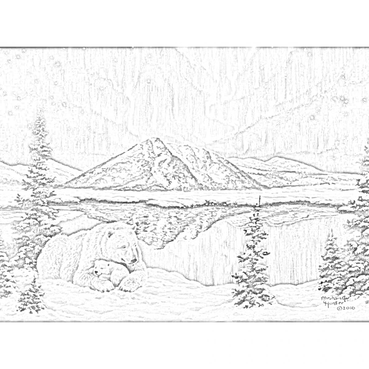 Раскраска Полярная сцена с северным сиянием, белым медведем и горным пейзажем