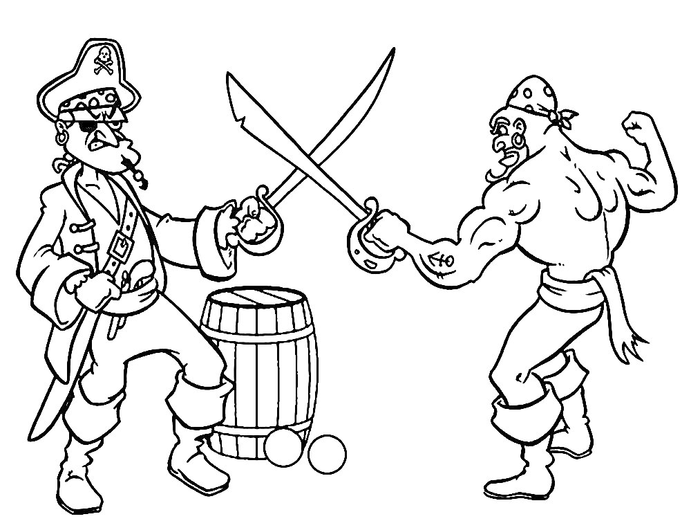Два пирата сражаются на мечах около бочки и ядер