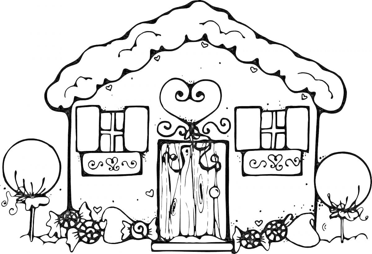 Раскраска Дом с сердечком на крыше, с двумя окнами с ставнями и узорами, дверью с сердечком и узорами, кустами и конфетами вокруг.