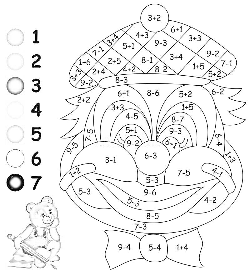 РаскраскаКлоун с заданиями по математике на сложение и вычитание в пределах 10