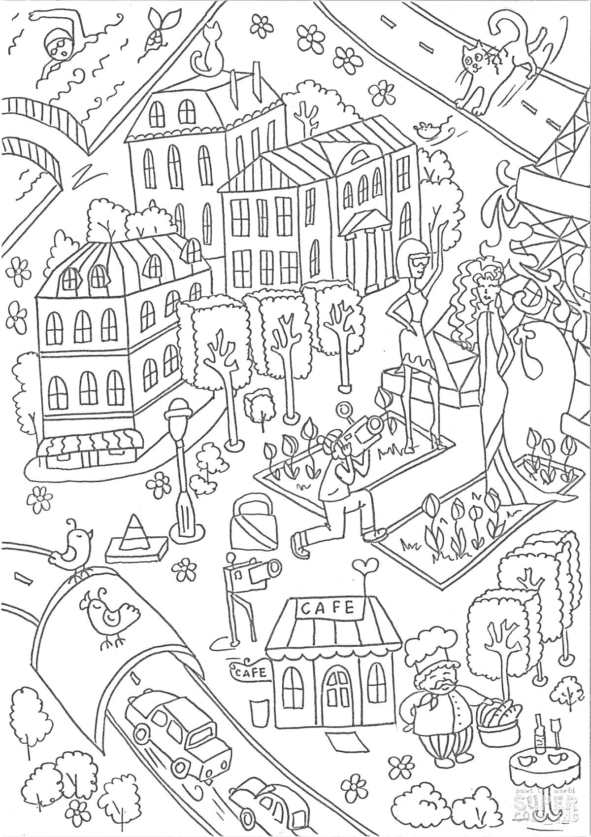 Раскраска Небольшой городок с улицами, зданиями, деревьями, персонифицированными животными и людьми, кафе, статуей, мостом, и машинами
