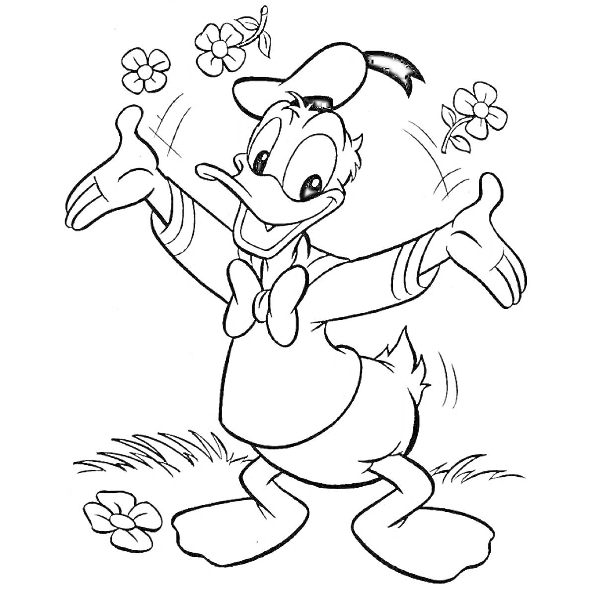 Раскраска Утенок в шляпе среди цветов