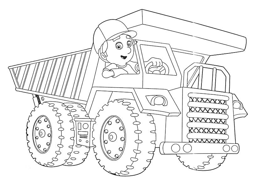 Раскраска БЕЛАЗ с водителем в шлеме, боковая и фронтальная часть самосвала, крупные колеса, детализированная кабина