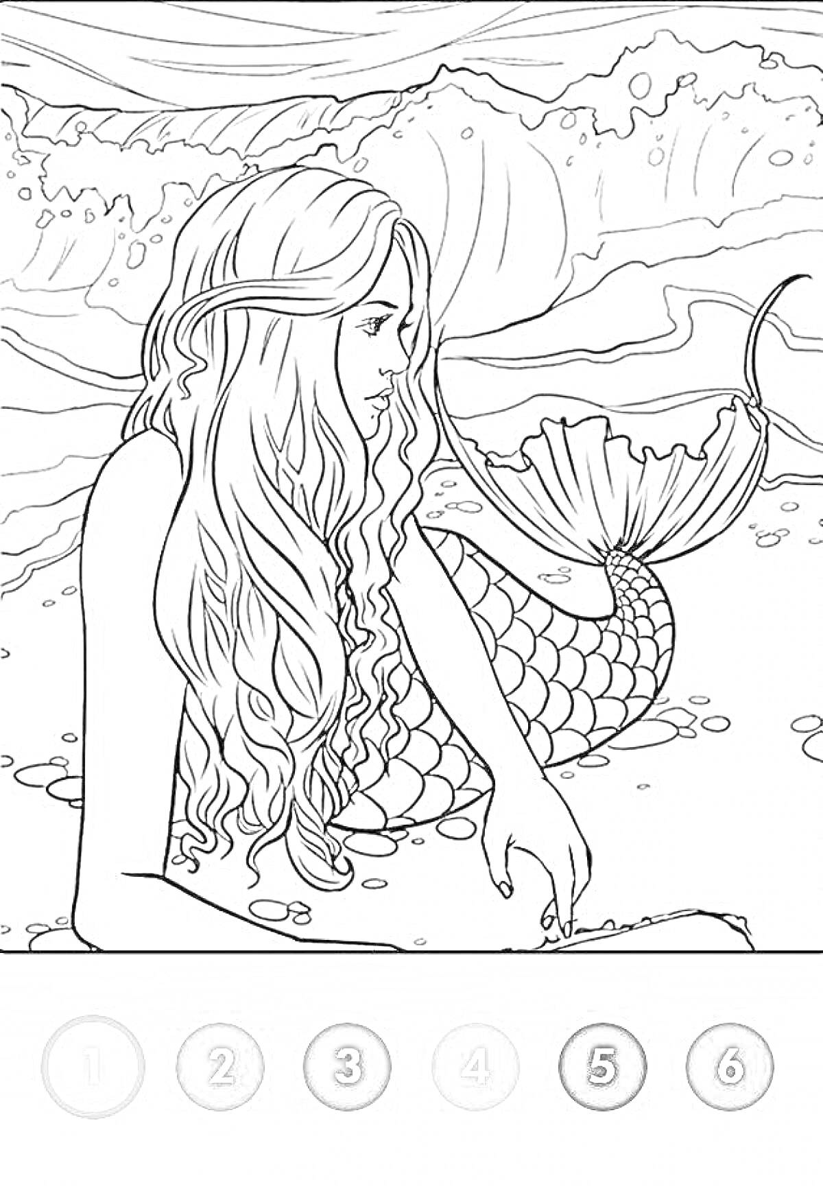 Раскраска Русалка с длинными волосами на фоне моря и волн