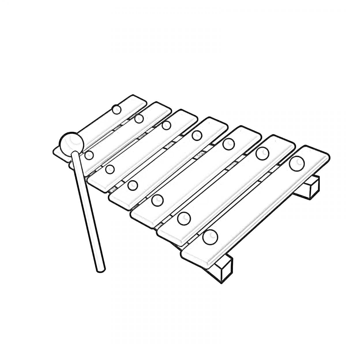 На раскраске изображено: Металлофон, Палочка, Клавиши, Перкуссия, Детские игрушки, Музыка, Музыкальные инструменты