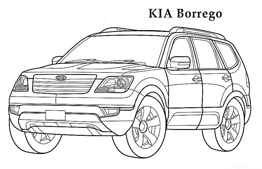 Раскраска KIA Borrego SUV с подробной прорисовкой деталей кузова, фар, колёс и других элементов