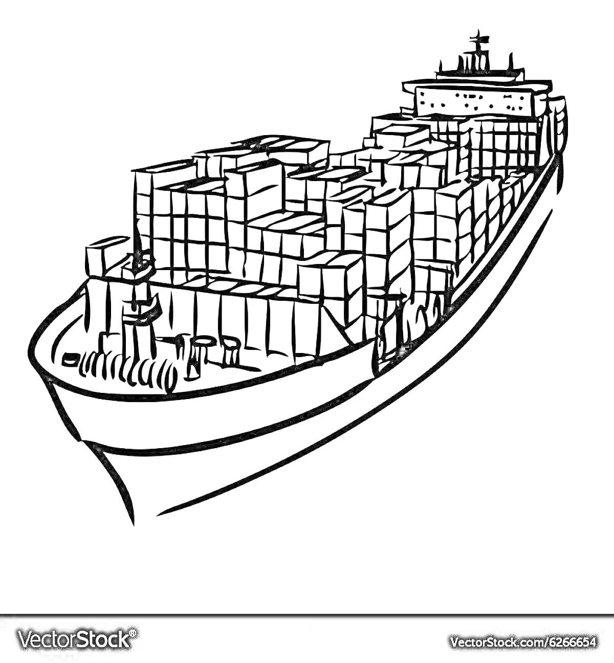 На раскраске изображено: Контейнеровоз, Морской транспорт, Палуба, Мачта, Судоходство