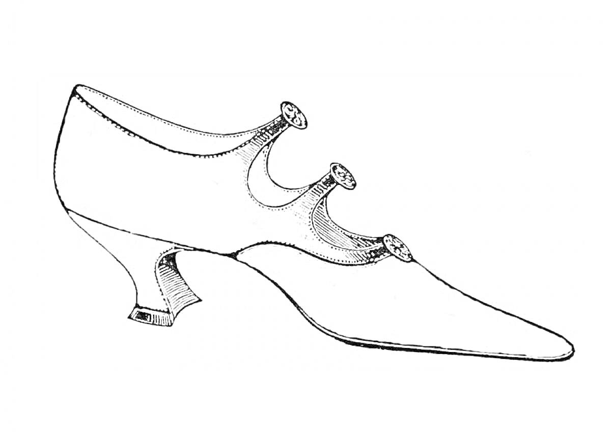 Раскраска Туфелька с каблуком и тремя ремешками на пуговицах