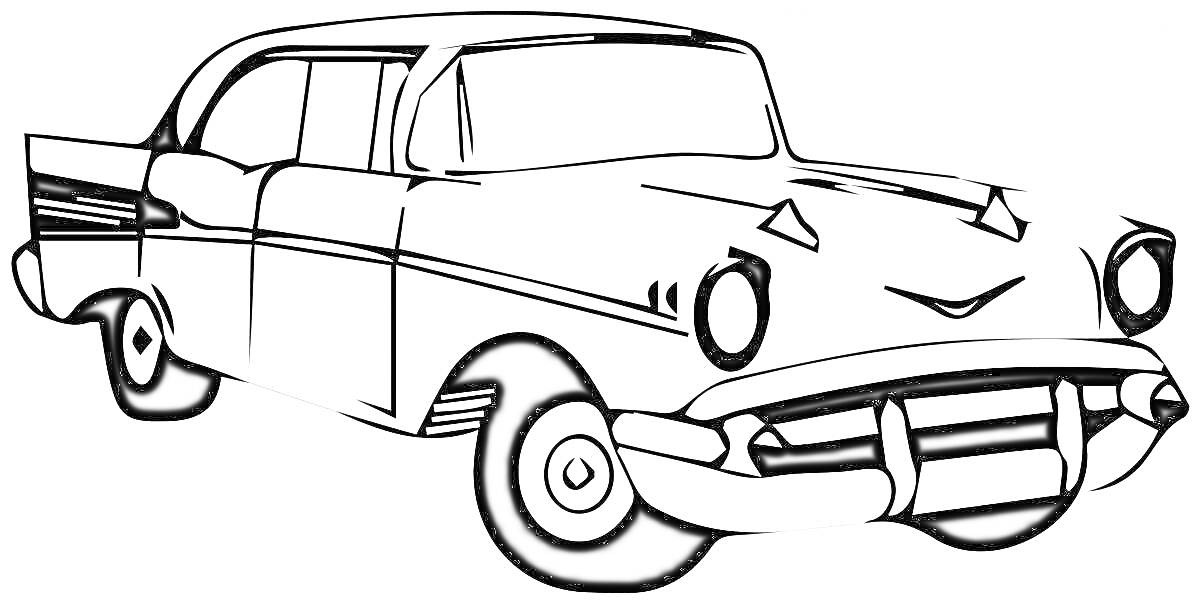Раскраска Волга автомобиль, вид спереди и сбоку с элементами: капот, фары, передний бампер, колеса, двери