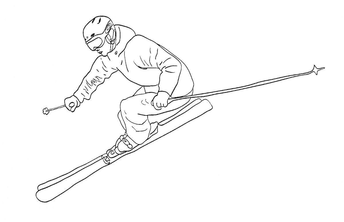 На раскраске изображено: Лыжник, Лыжи, Движение, Спорт, Палки, Очки, Зима, Активный отдых