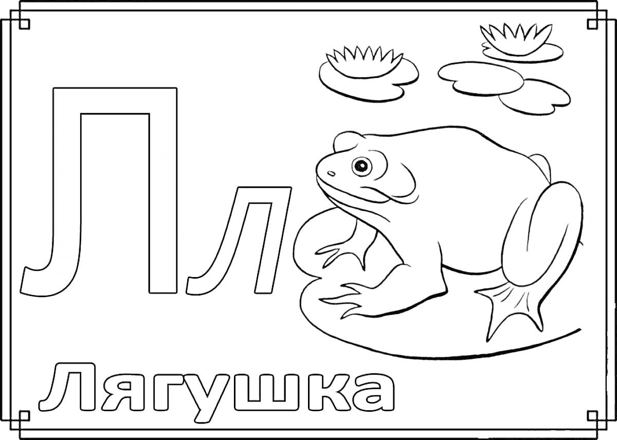 На раскраске изображено: Буква л, Алфавит, Кувшинки, Буквы, Учеба, Животные, Лягушки