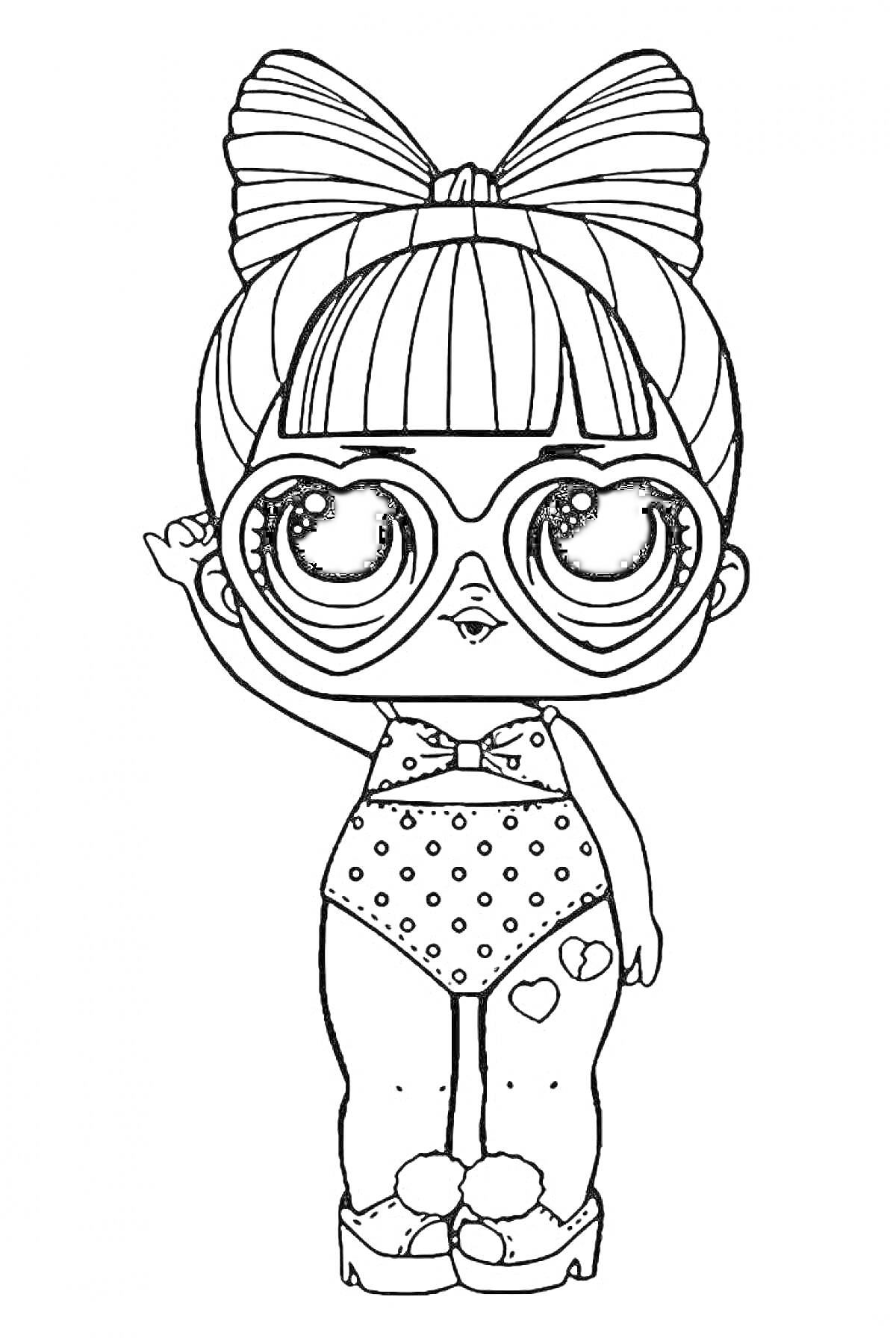 Раскраска Девочка ЛОЛ в очках-сердечках и купальнике с точками, с бантиком на волосах, в тапочках и с сердечками на левом бедре