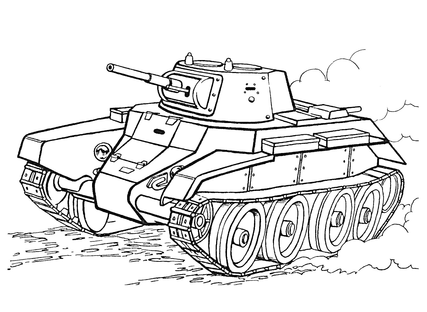 Раскраска Танковая раскраска с изображением танка на грунтовой дороге, со всеми траками и гусеницами, дующей дуло и элементы брони