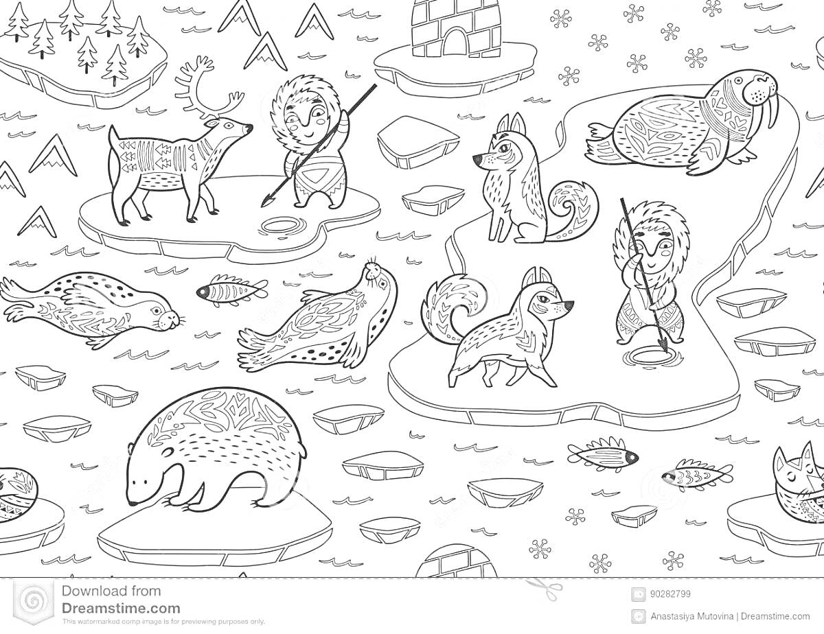 На раскраске изображено: Животные севера, Олень, Иглу, Тюлень, Медведь, Льдины, Природа, Зима, Снег, Дошкольники