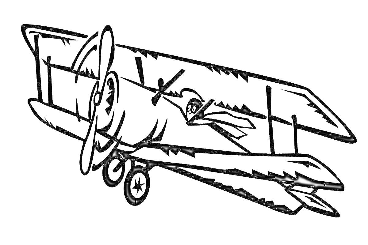 Раскраска Раскраска с кукурузником и пилотом в летных очках и шарфе