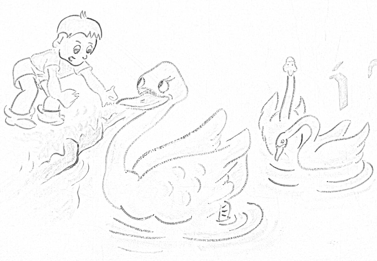 На раскраске изображено: Ребенок, Лебедь, Вода, Природа, Животные, Детство