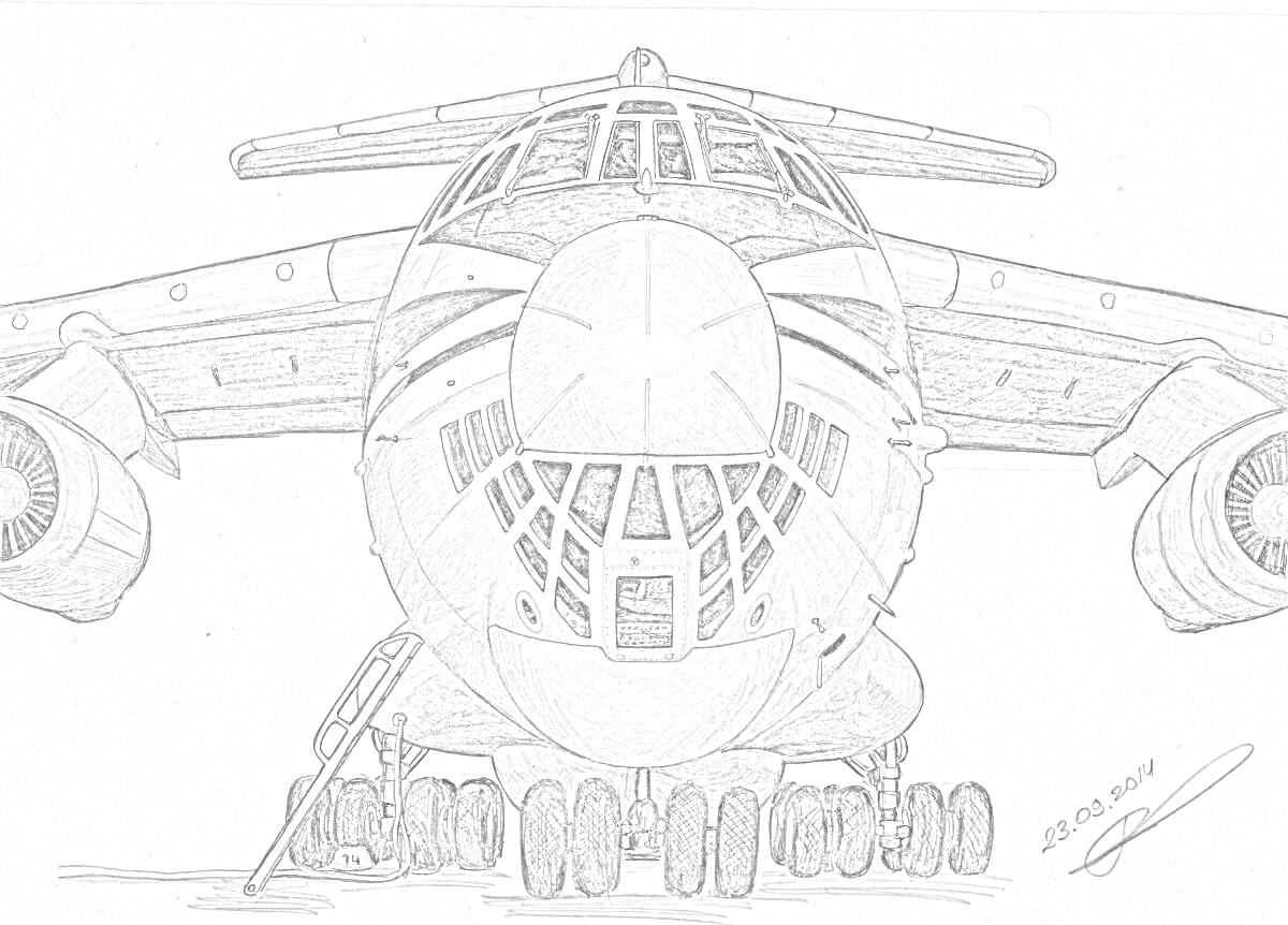 Раскраска Фронтальный вид самолета Ил-76 с детализированным передним шасси, двигателями и лестницей