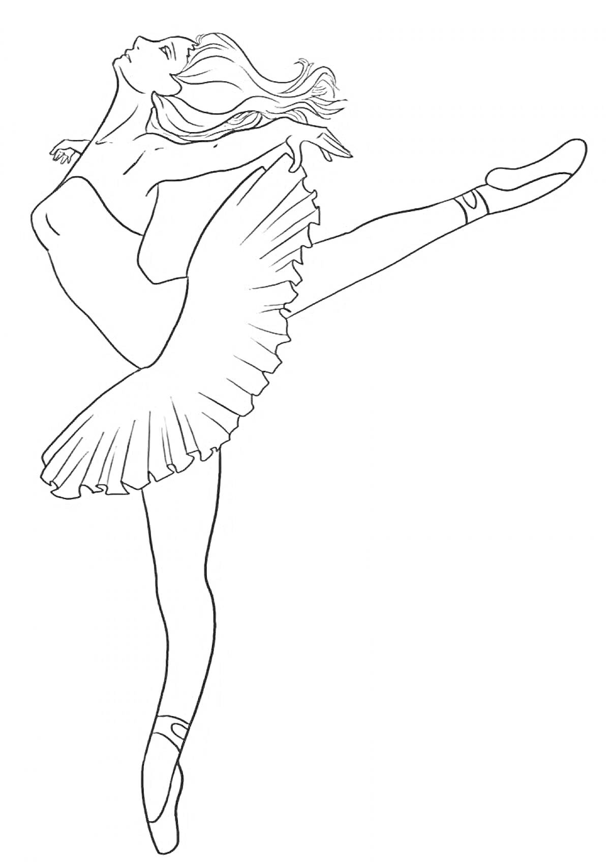 На раскраске изображено: Танцовщица, Балерина, Пуанты, Пачка, Балет, Танец, Грация, Искусство, Движение