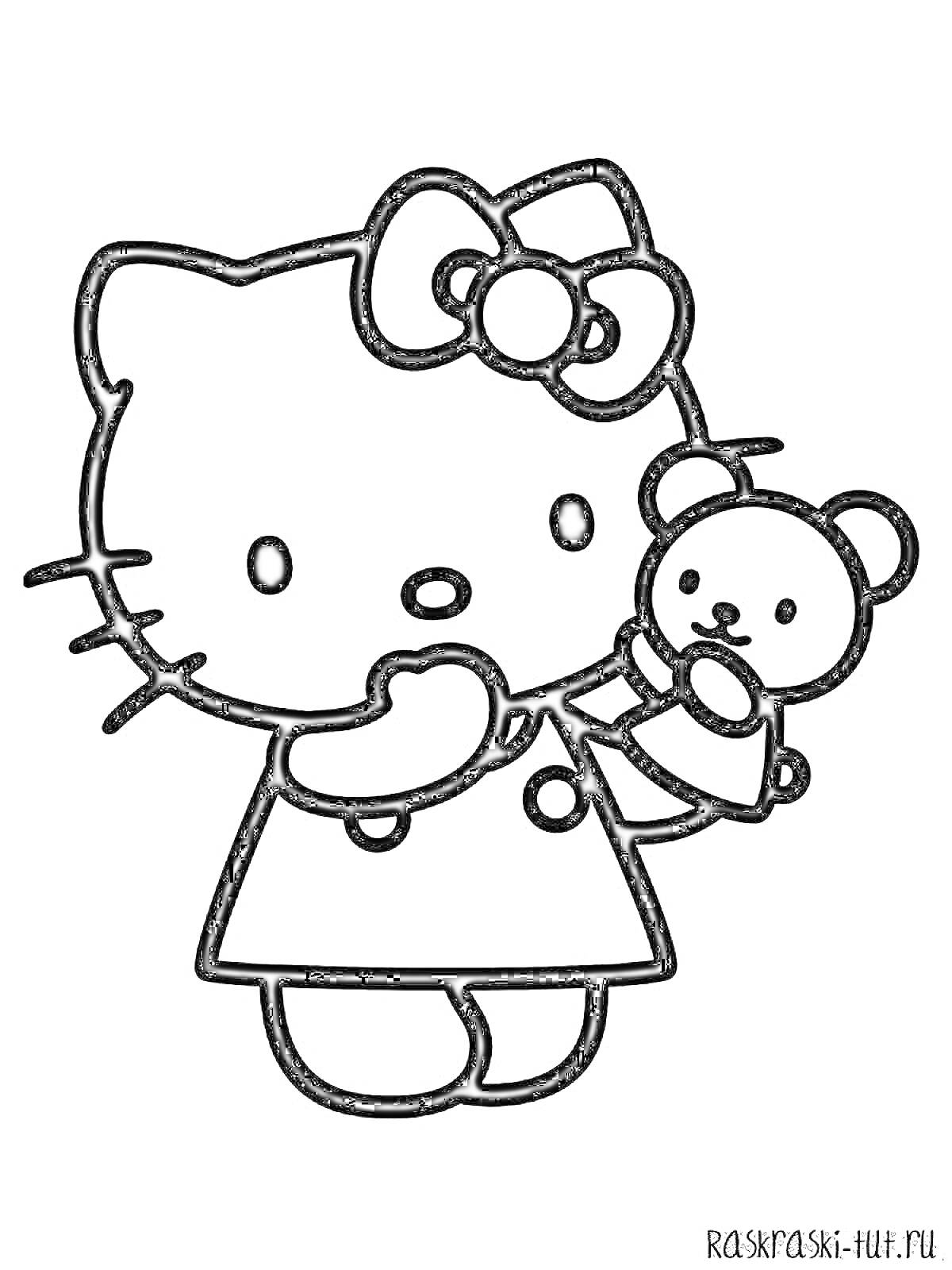 Раскраска Хелло Китти с бантиком и плюшевым мишкой
