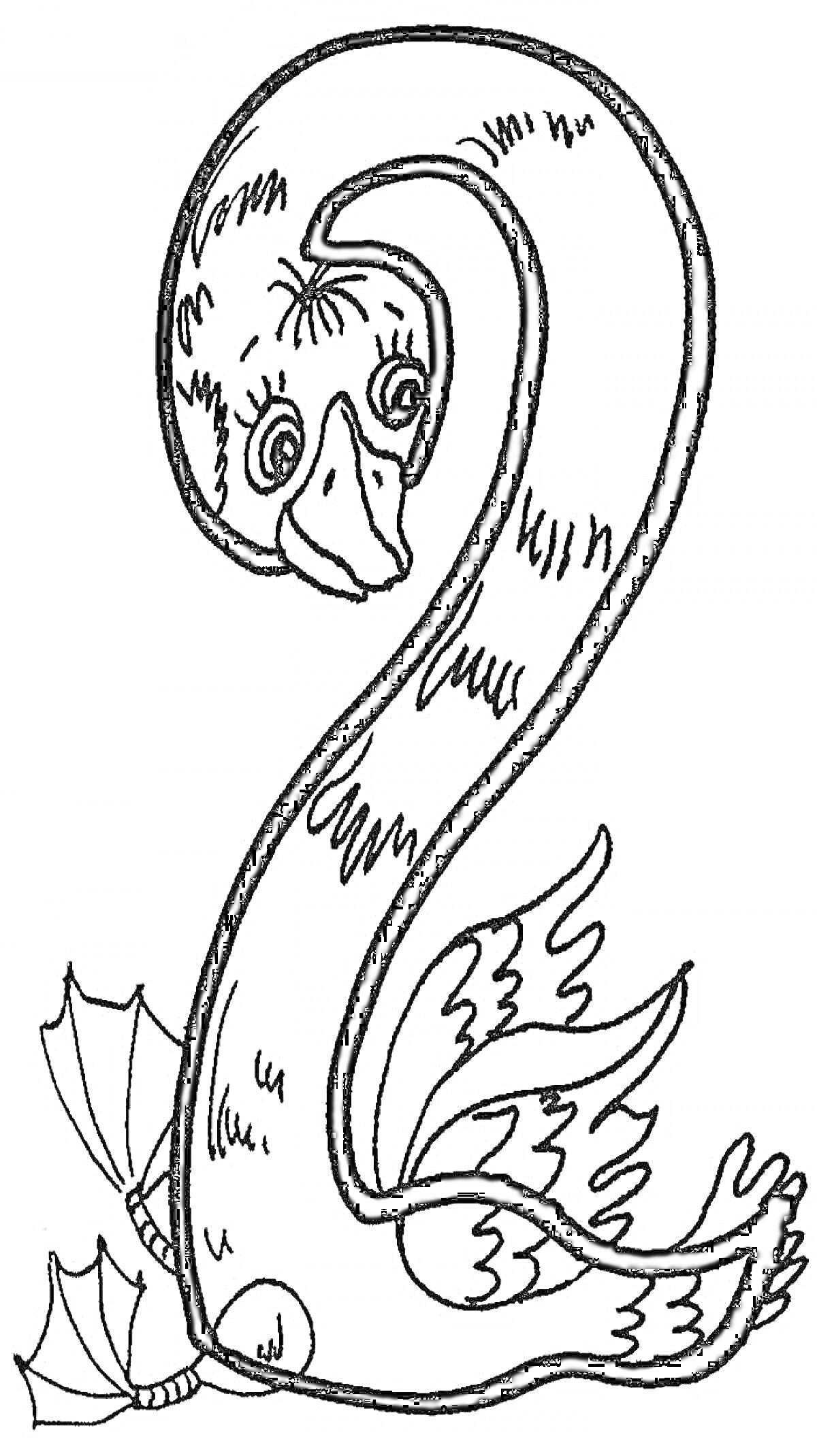 Раскраска Цифра 2 в виде лебедя с крыльями и лапами