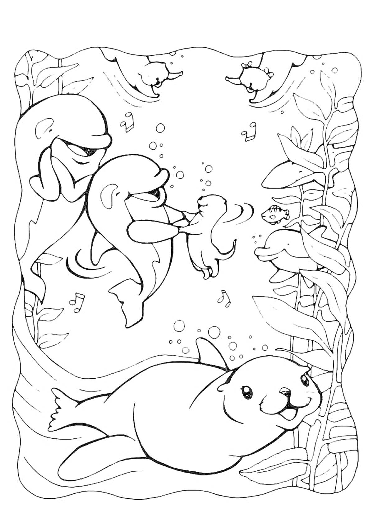 На раскраске изображено: Дельфины, Морской котик, Подводный мир, Растения, Подводные животные, Морская жизнь