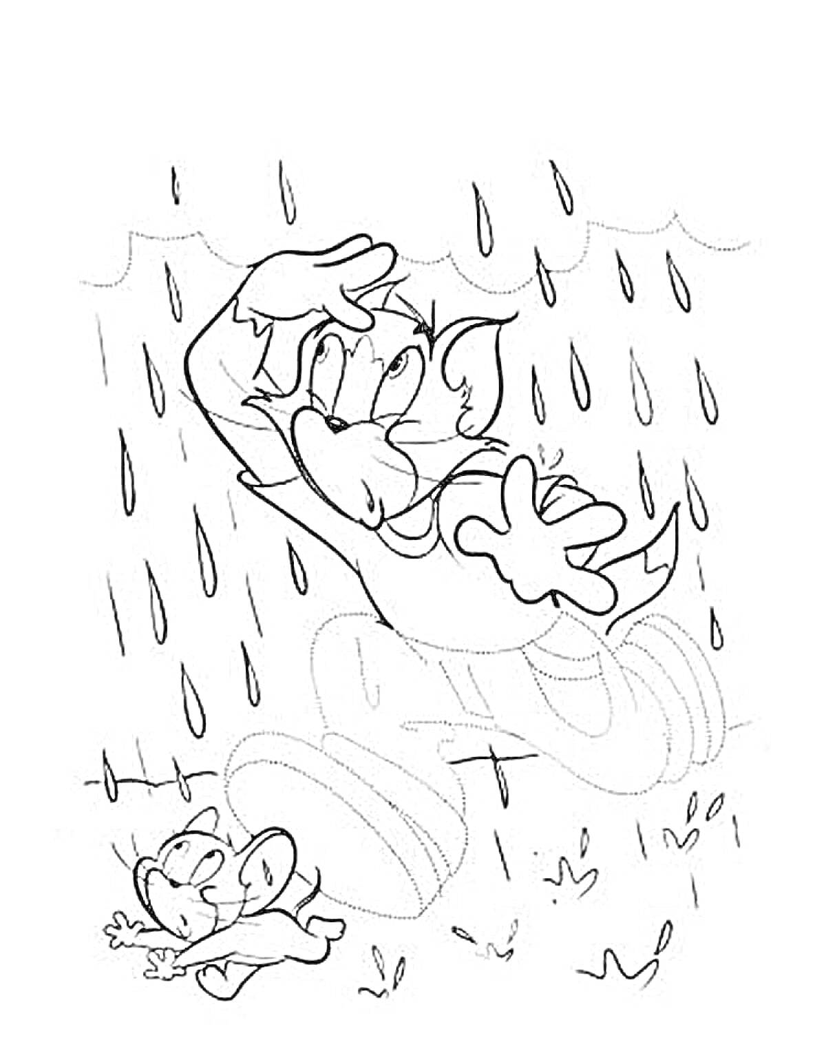 Раскраска Кот и мышонок бегут под дождем