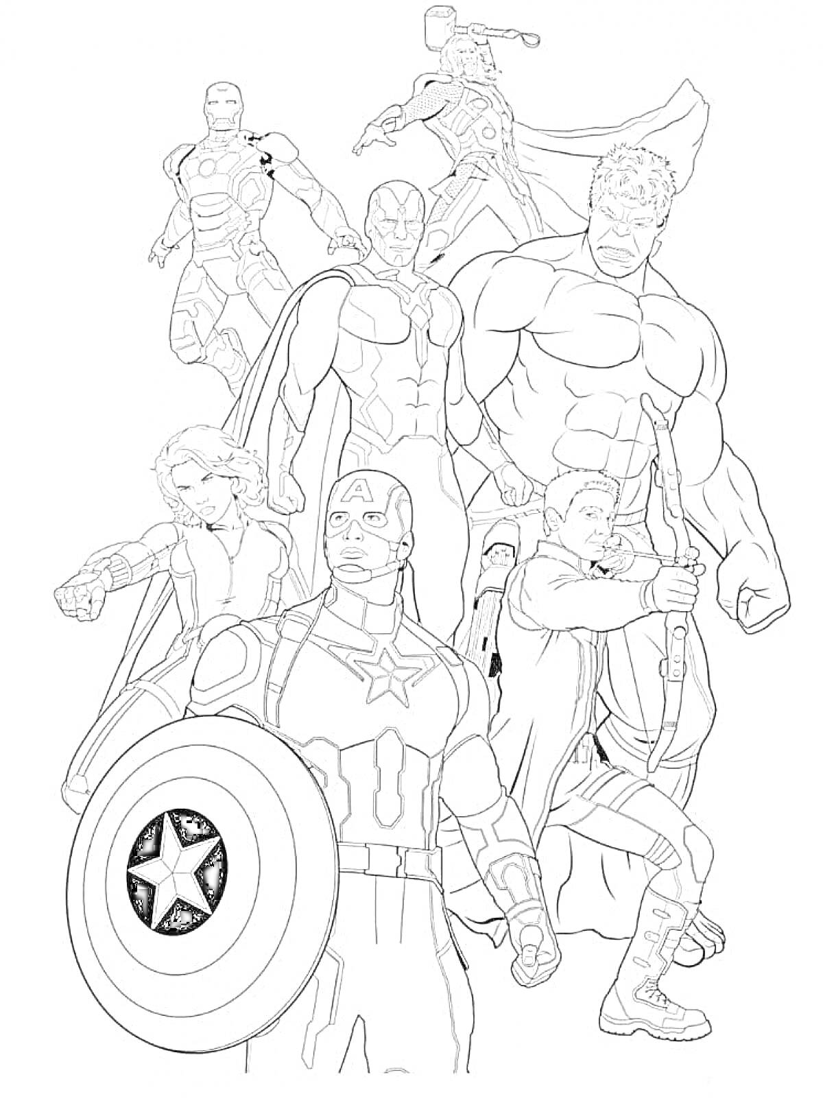 На раскраске изображено: Супергерои, Команда, Щит, Лук, Молот, Силач, Женщина-воин, Боевые позы