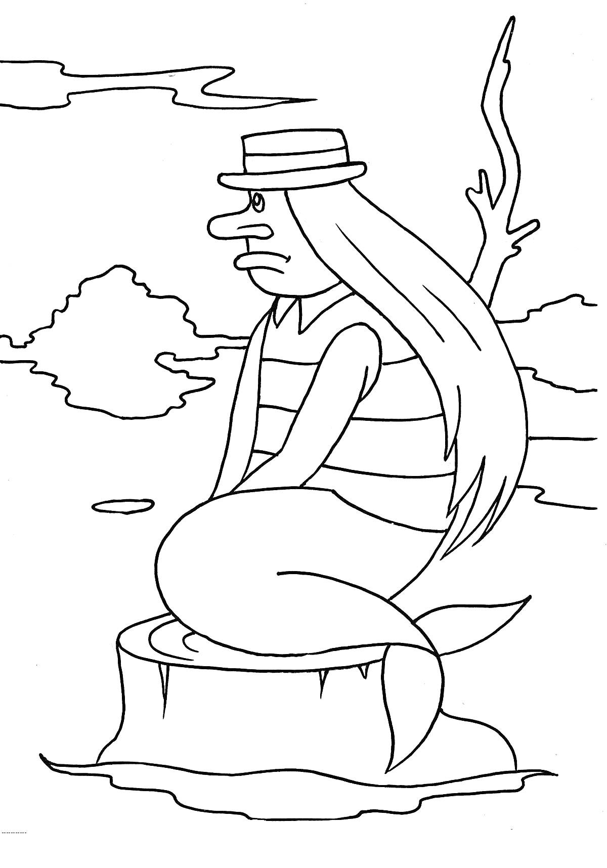 Раскраска Русалка в шляпе, сидящая на пне на фоне природы