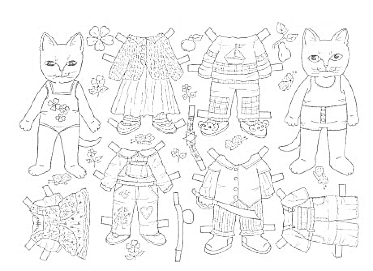 На раскраске изображено: Бумажная кукла, Одежда, Платье, Штаны, Цветы, Вырезалки, Комбинезоны, Кот, Рубашки, Юбки