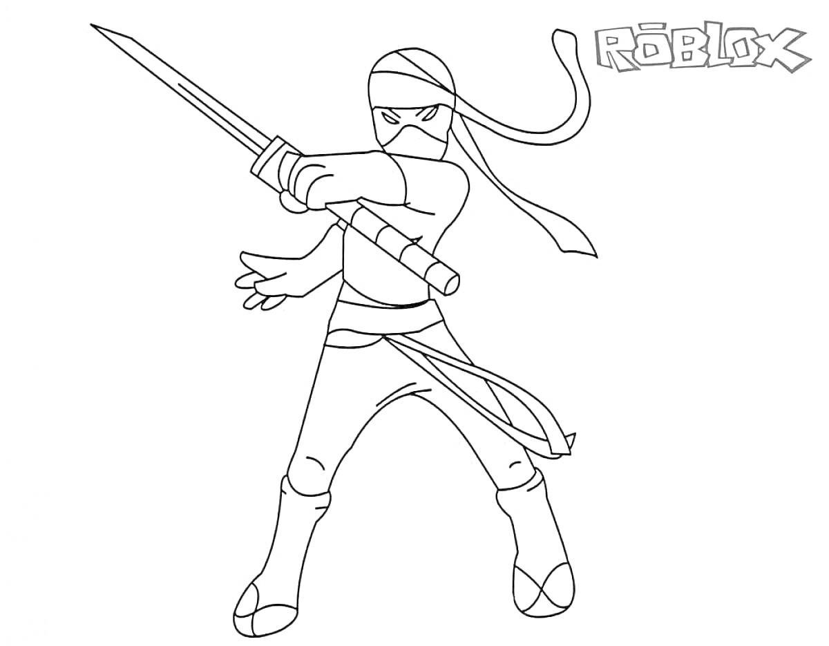 Раскраска Воин-ниндзя с мечом из Roblox, надпись Roblox в верхнем правом углу
