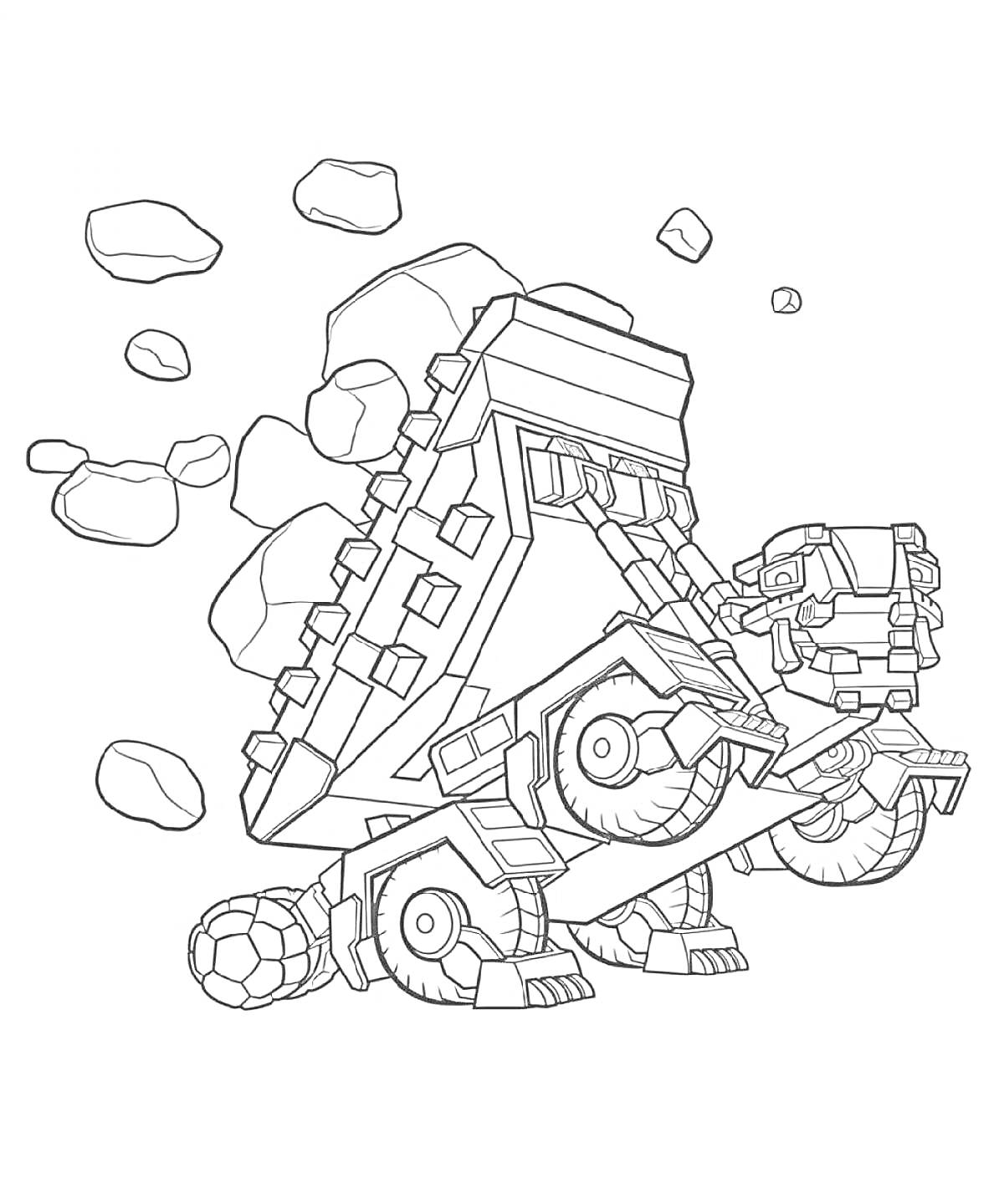 Раскраска Машина-робот с гусеницами и массивными колесами, с дробящимися камнями вокруг