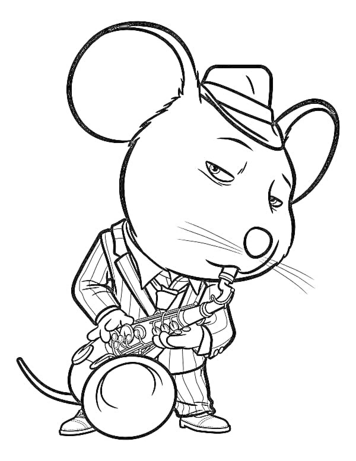 На раскраске изображено: Мышь, Шляпа, Костюм, Саксофон, Зверопой, Музыкальный инструмент