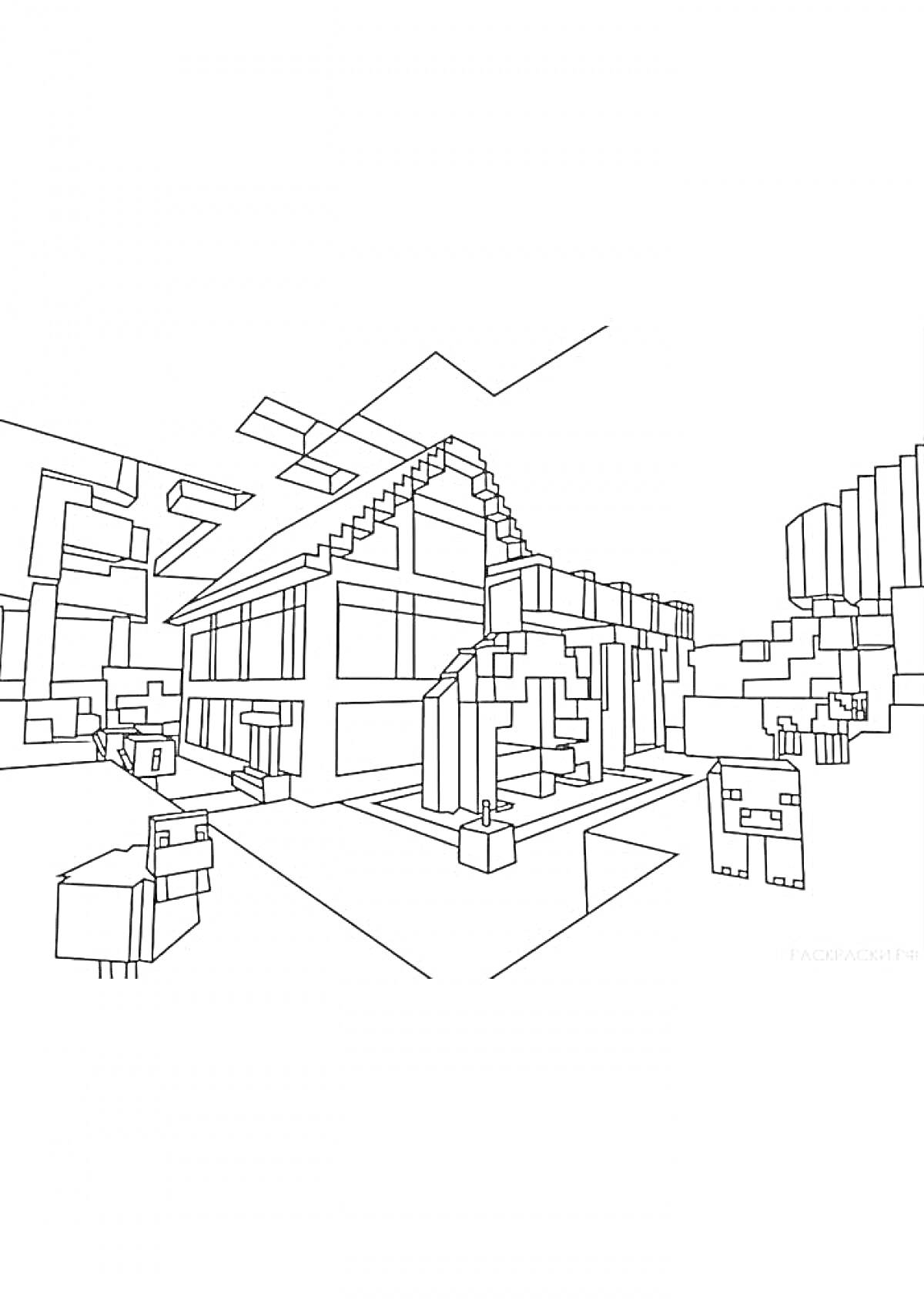 Раскраска Дом в мире Майнкрафт с овцами