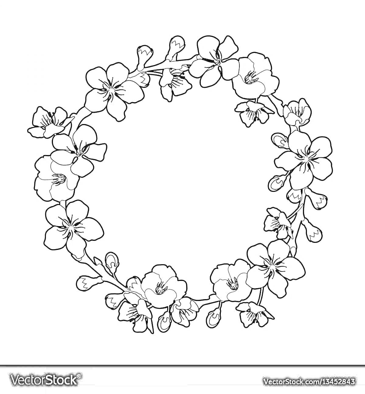 Раскраска Венок из цветов с распустившимися бутонами и почками