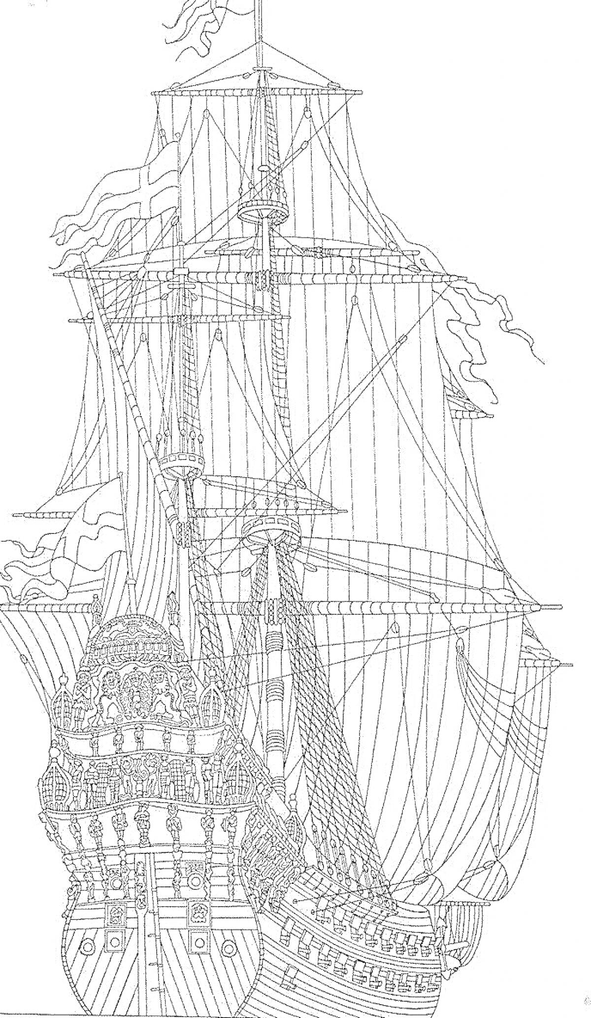 На раскраске изображено: Антистресс, Корабль, Канаты, Паруса, Море, Детальная иллюстрация