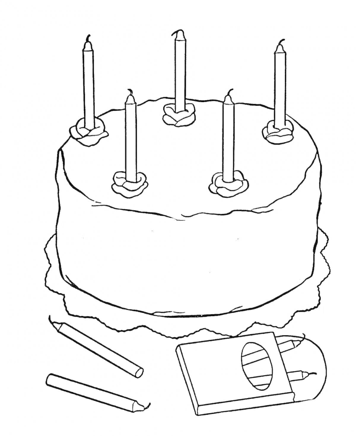 Раскраска Торт с пятью свечами и коробка с мелками