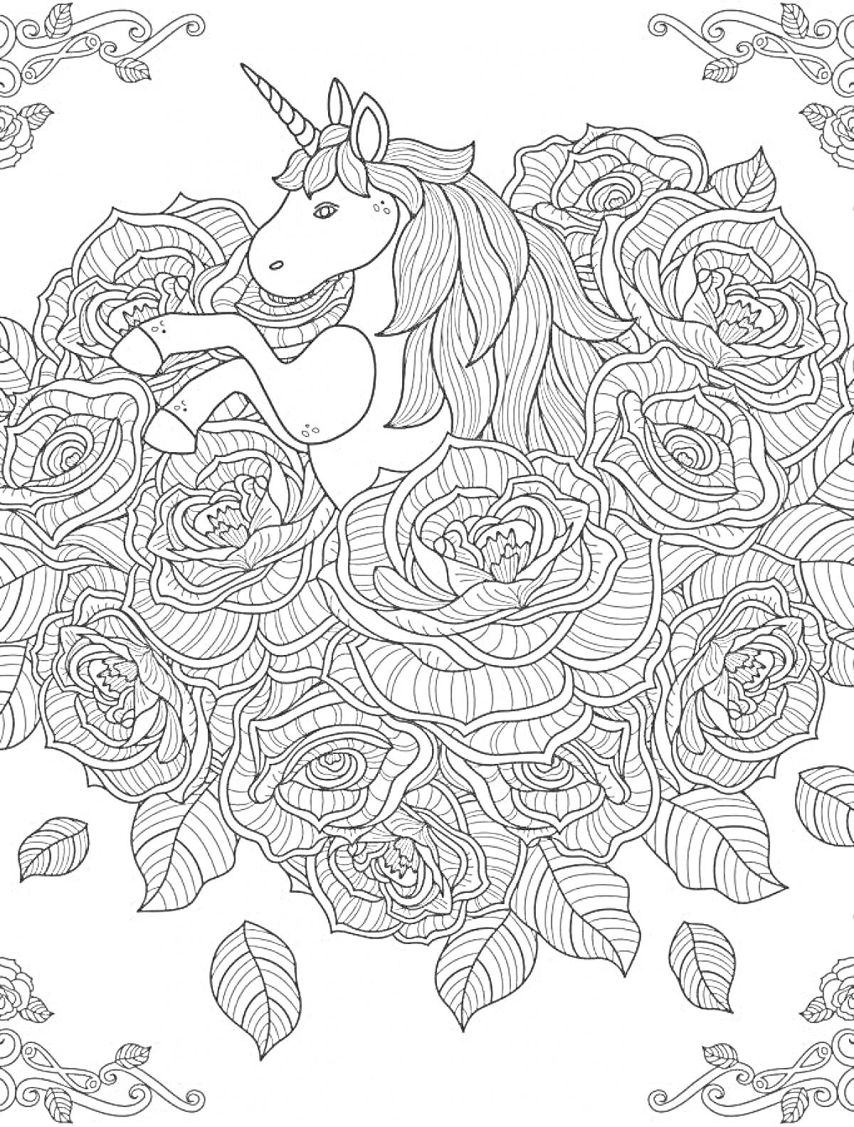 Раскраска Единорог в розах с узорными рамками