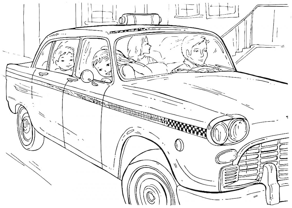 Раскраска Такси с водителем и пассажирами на городской улице