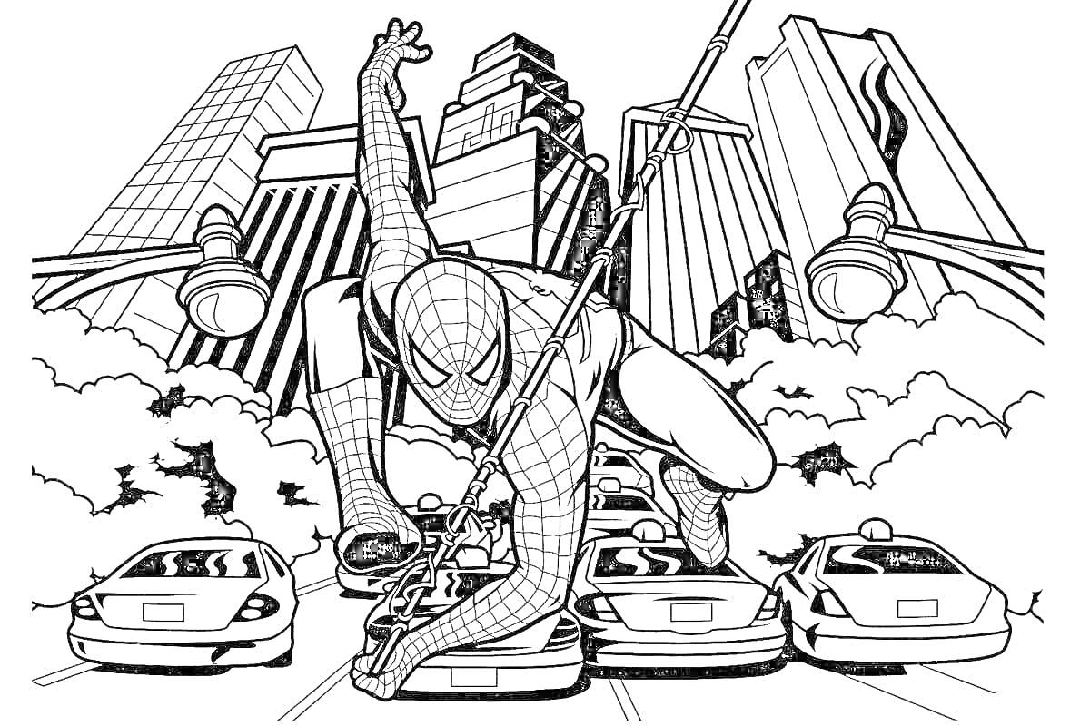 Раскраска Супергерой в городе - герой с паутиной, здания, машины и фонари