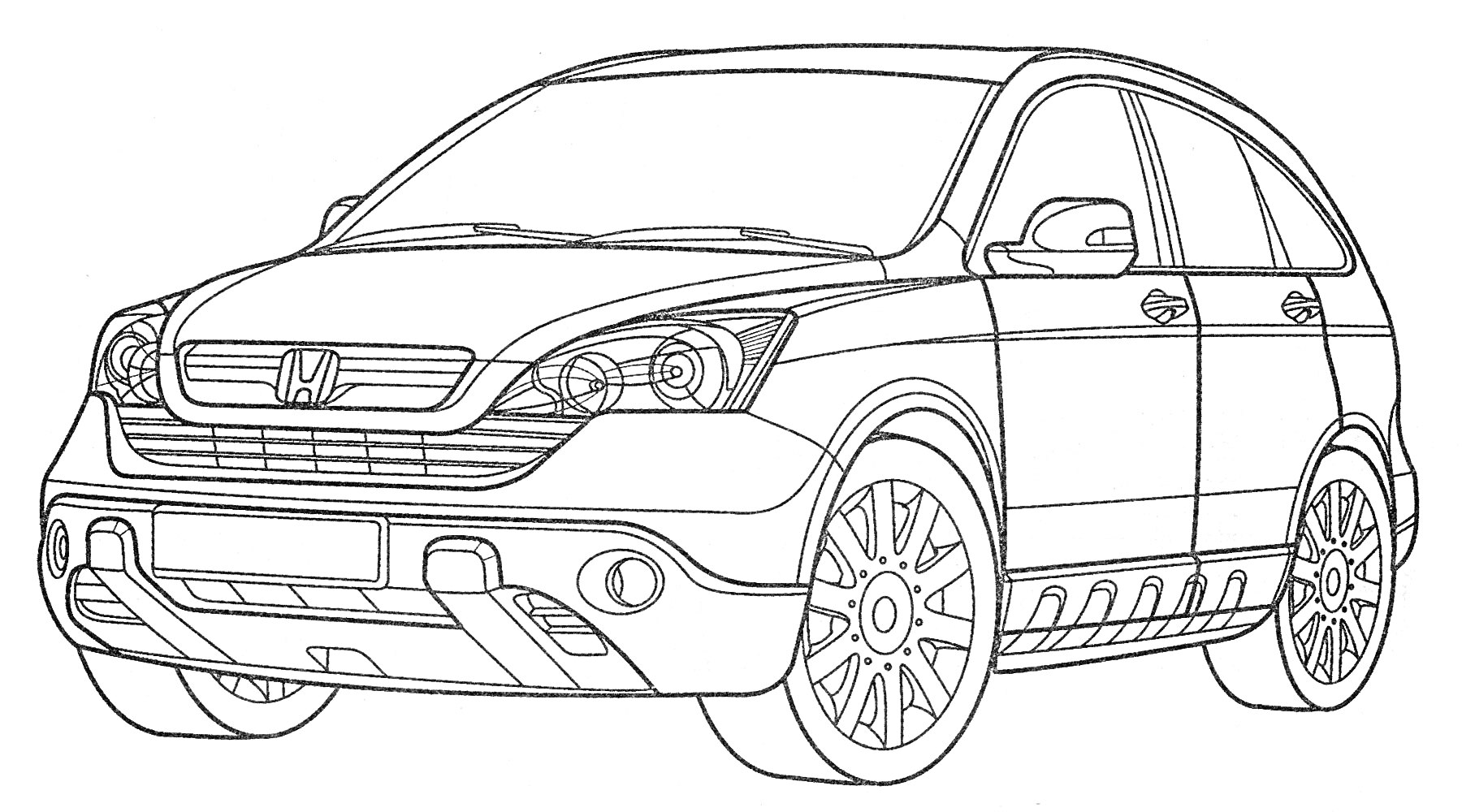 Раскраска Honda CR-V с четырьмя дверями, хромированной решеткой радиатора и большими колесными дисками