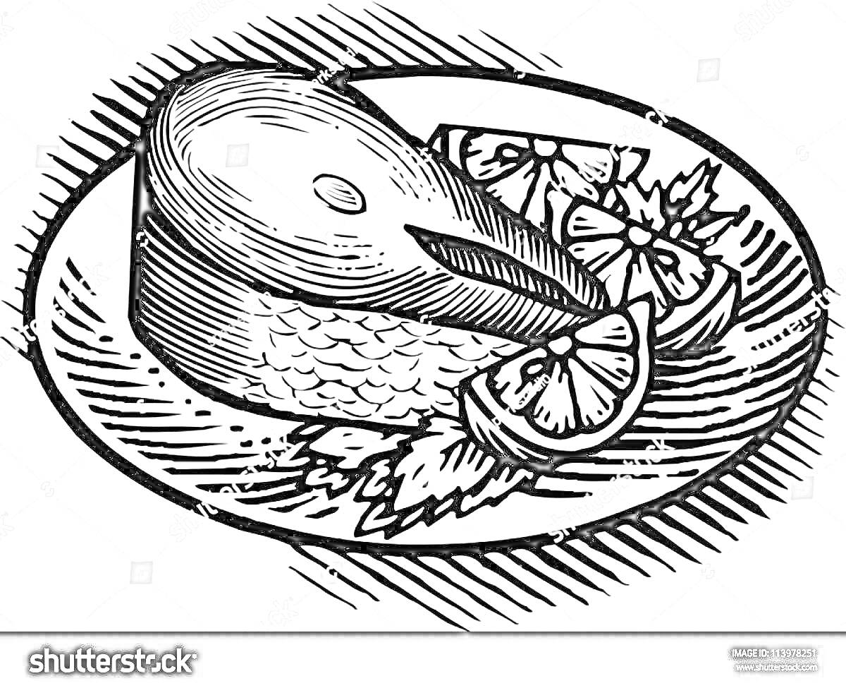 На раскраске изображено: Жареная рыба, Тарелка, Еда, Рыба, Лимон, Гарнир