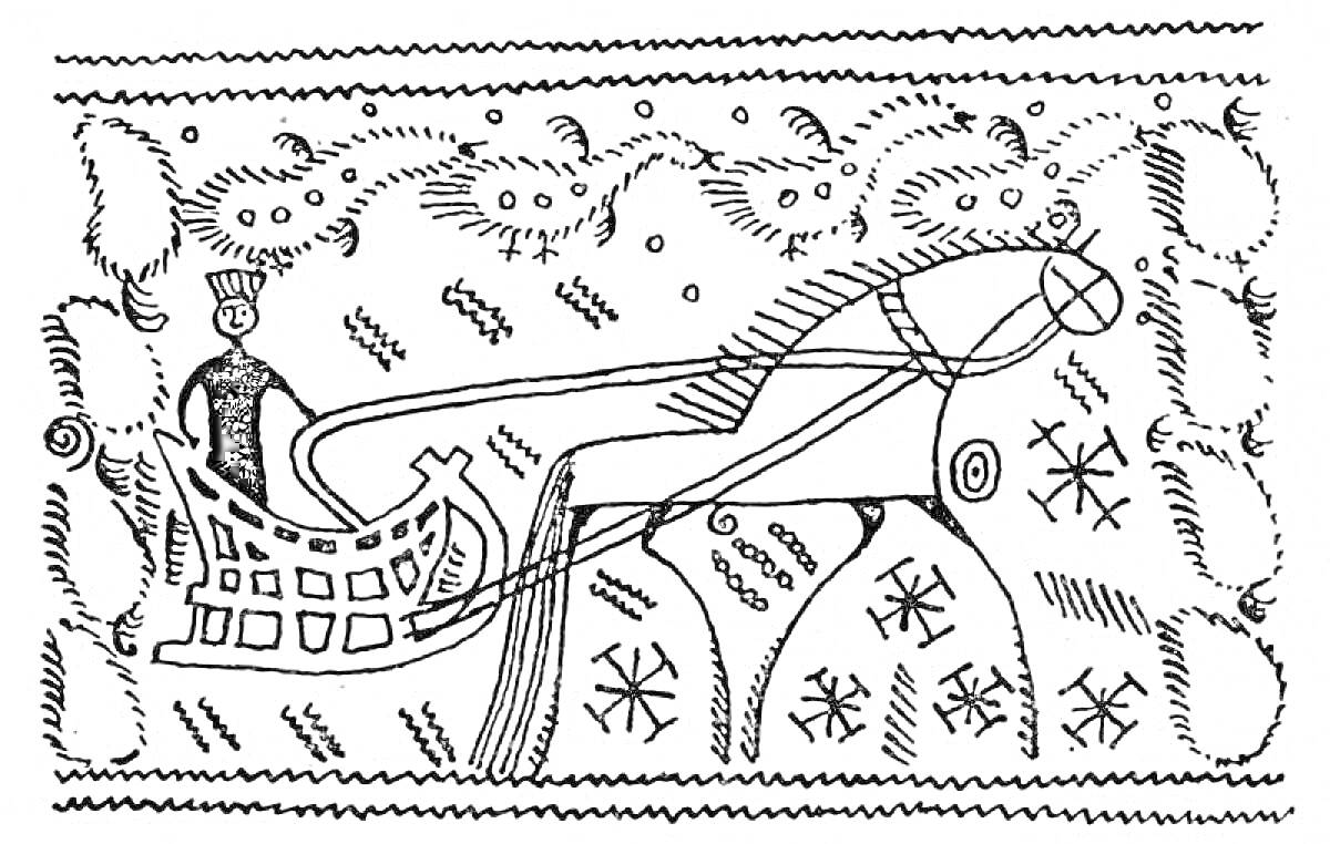 Раскраска Мезенская роспись с изображением всадника в санях и коня, окруженного традиционными орнаментами и узорами