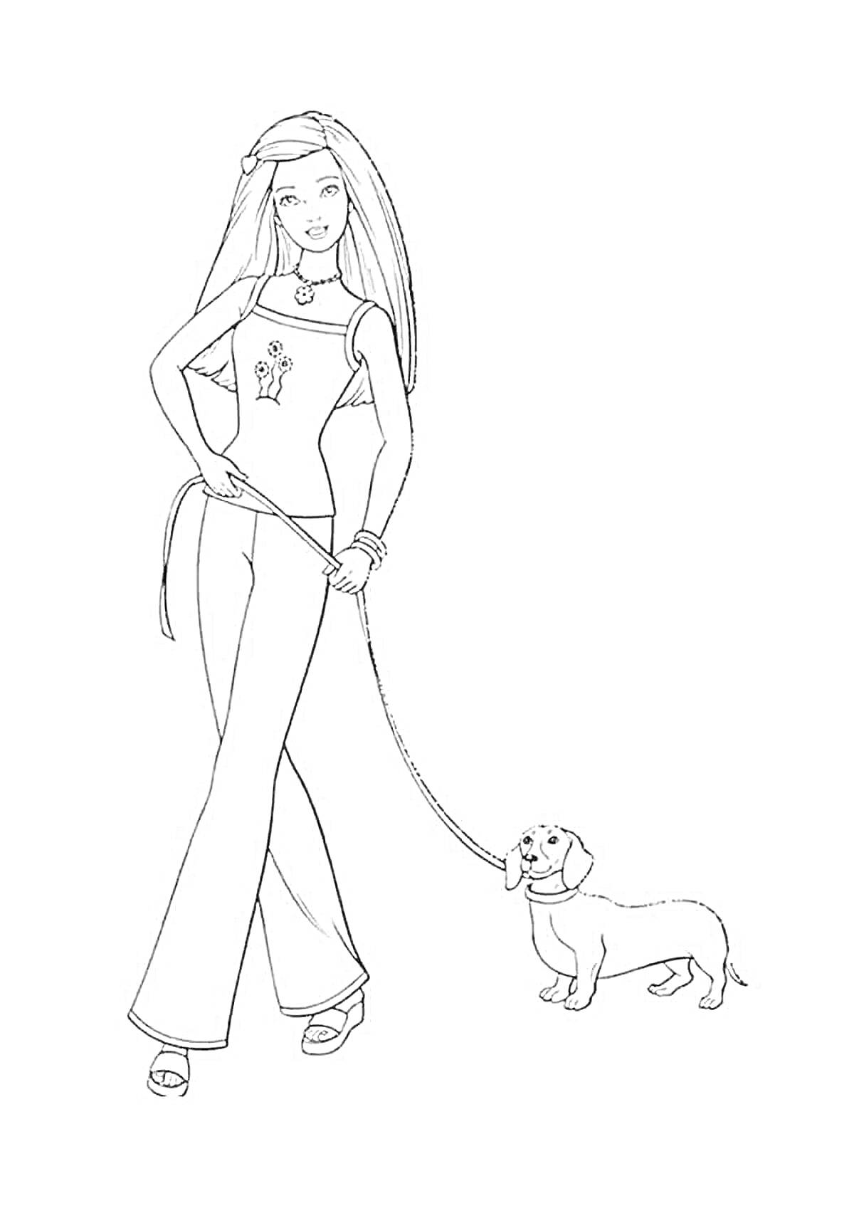 На раскраске изображено: Барби, Собака, Прогулка, Поводок, Одежда, Длинные волосы
