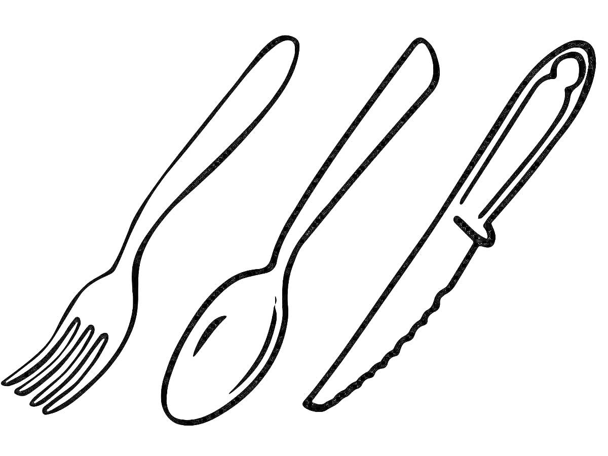 На раскраске изображено: Вилка, Ложка, Нож, Столовые приборы, Посуда, Кухня
